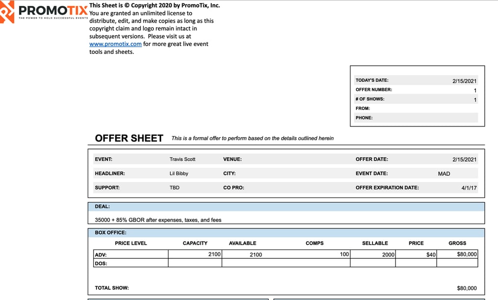 Events venue offer sheet template Events venue offer sheet template